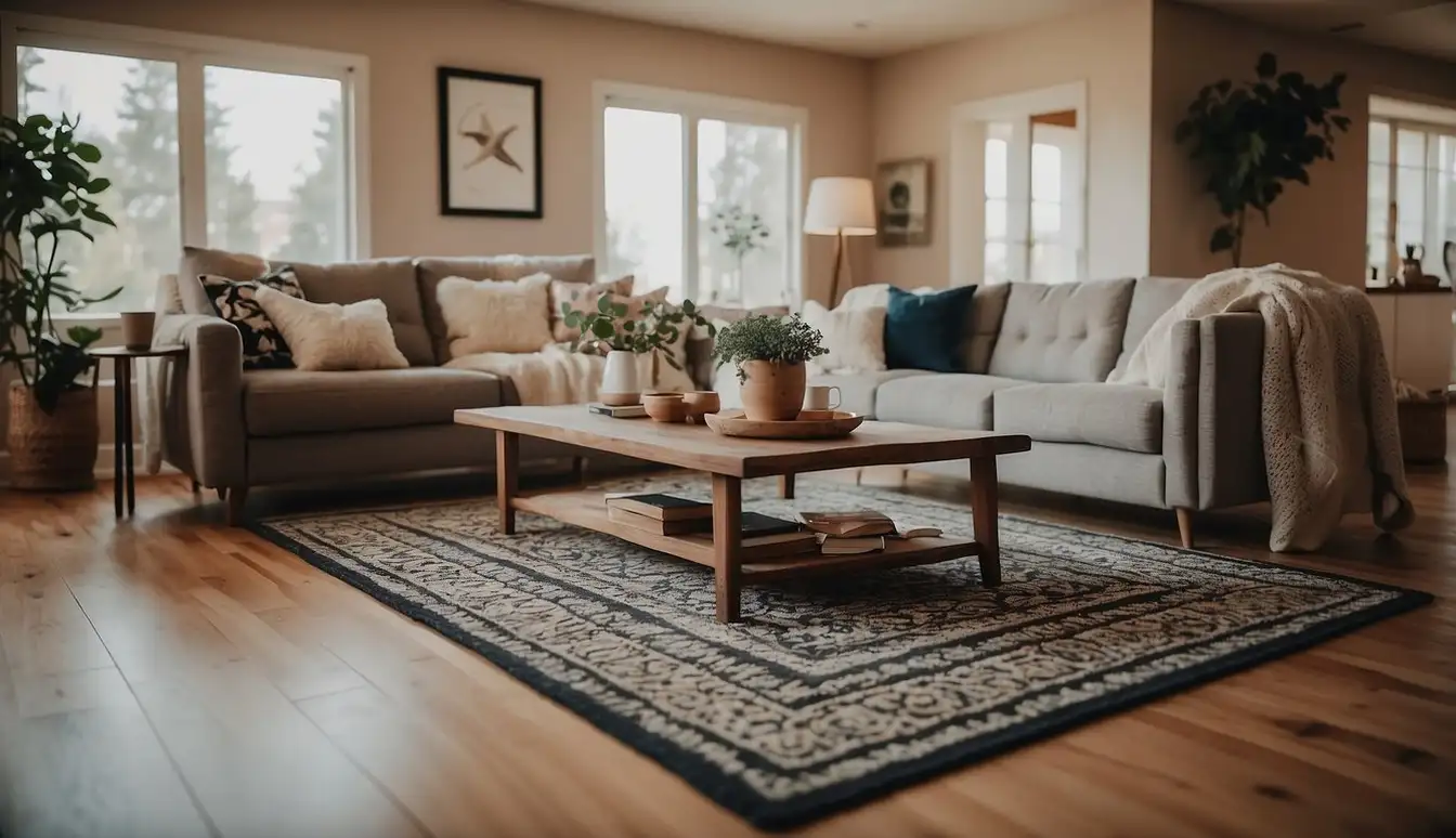 A cozy living room with a handmade area rug as the focal point, complementing the room's design elements and adding warmth and texture to the space