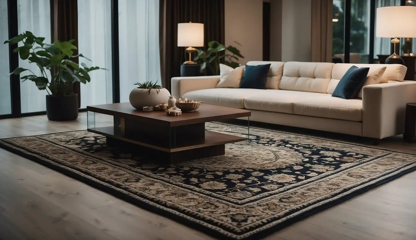 A luxurious handmade area rug lies gracefully in a stylish interior, adding elegance and sophistication to the room's decor. Rich textures and intricate patterns enhance the overall aesthetic, showcasing the importance of handmade rugs in interior design