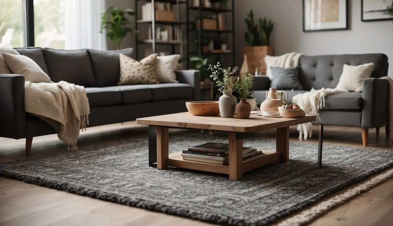 A cozy living room with a handmade area rug as the focal point, adding warmth and texture to the space. Online shopping tabs open on a computer, showcasing the convenience of purchasing rugs from the comfort of home