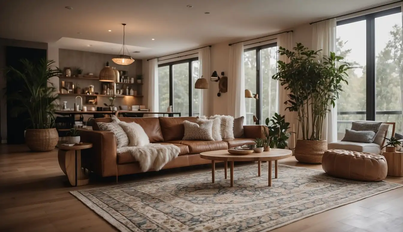 A cozy living room with a handmade area rug as the focal point, adding warmth and texture to the space. The rug's intricate design and craftsmanship enhance the overall aesthetic of the room