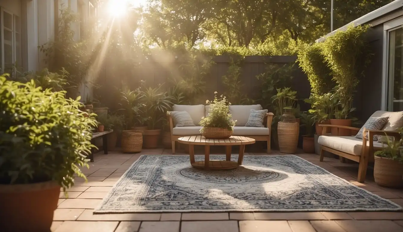 A patio with a variety of outdoor rugs laid out, surrounded by potted plants and patio furniture, with the sun shining down on the space