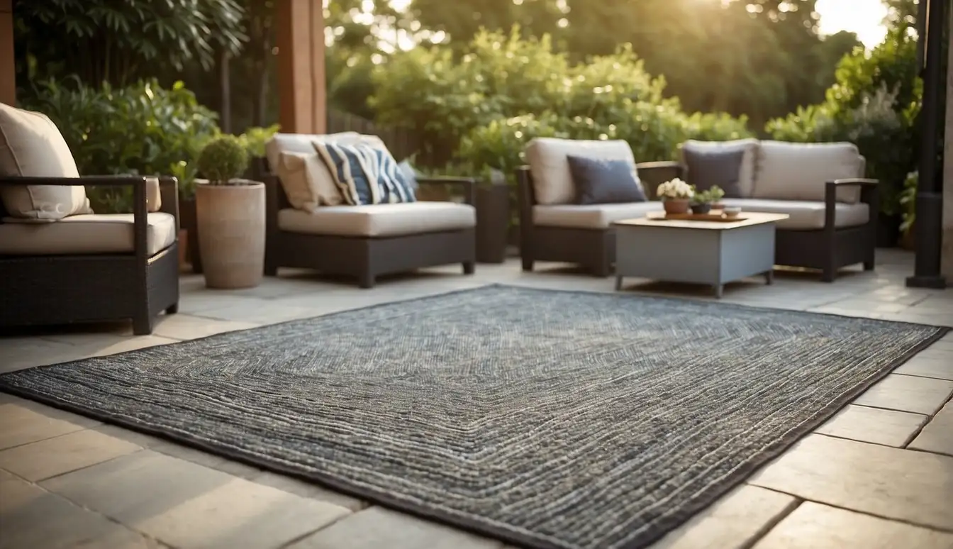 A rectangular outdoor rug lies flat on a patio, covering the entire seating area. The size is large enough to accommodate a table and chairs, and the shape is simple and straight-edged