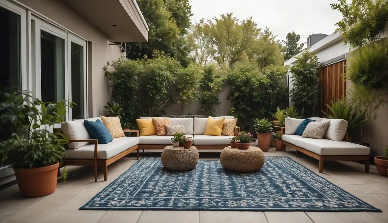 A patio with a stylish outdoor rug, surrounded by potted plants and comfortable outdoor furniture. The rug features a modern design and vibrant colors, adding a touch of elegance to the outdoor space