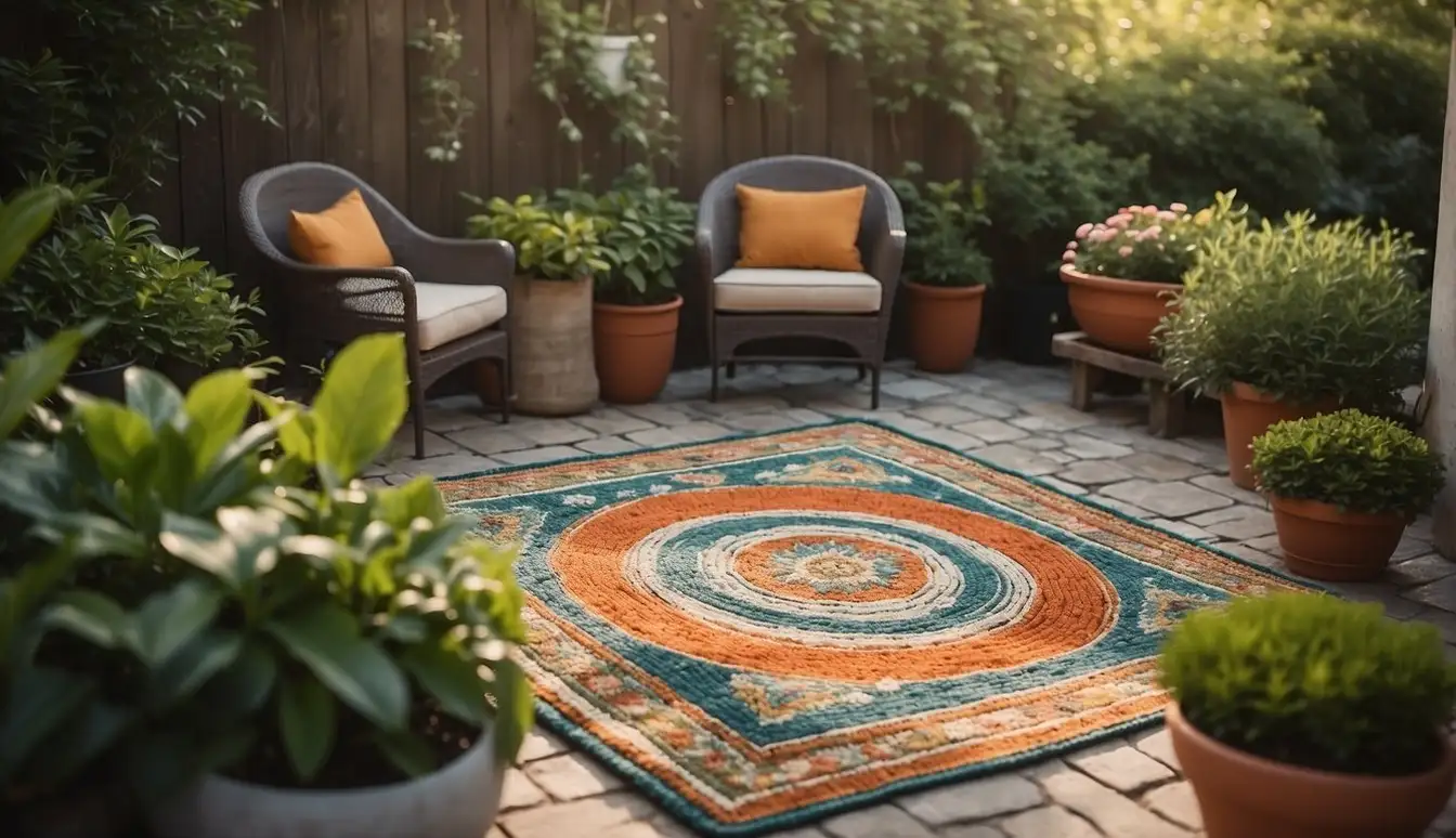 A colorful outdoor rug lies flat on a stone patio, surrounded by potted plants and patio furniture. The rug shows no signs of wear and tear, indicating its durability and low maintenance