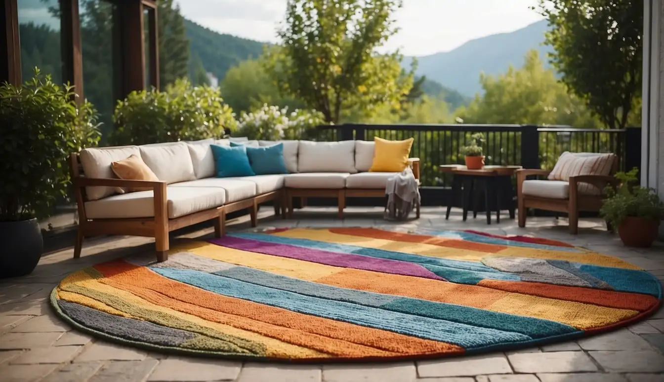 A patio with a colorful, weather-resistant outdoor rug, surrounded by comfortable seating and easy access to the outdoors