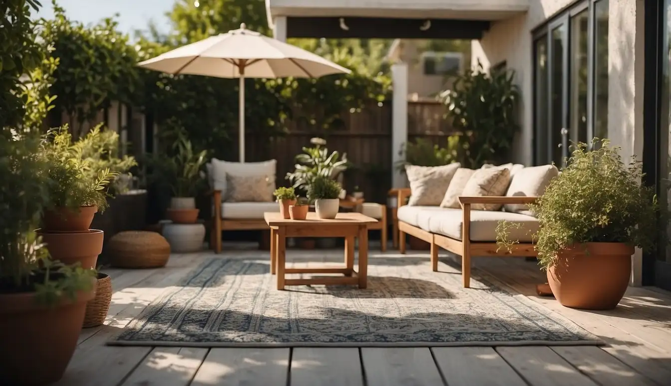 A cozy patio with stylish outdoor rugs, surrounded by potted plants and comfortable outdoor furniture. The sun is shining, and a gentle breeze rustles the rugs