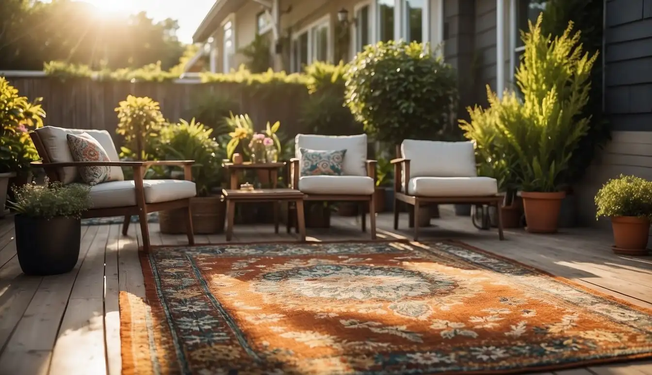Vibrant outdoor rugs displayed on a patio, surrounded by potted plants and comfortable outdoor furniture, with the sun shining overhead