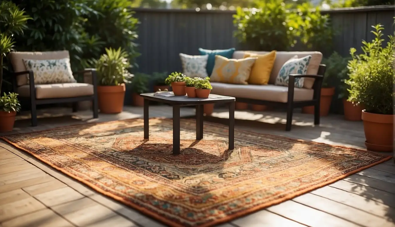 A colorful outdoor rug lies on a patio, surrounded by potted plants and outdoor furniture. The sun shines down, casting shadows on the vibrant patterned rug