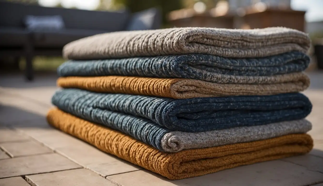 A stack of outdoor area rugs is neatly stored in a dry, cool space for winter. Materials such as polypropylene and polyester are labeled for easy identification