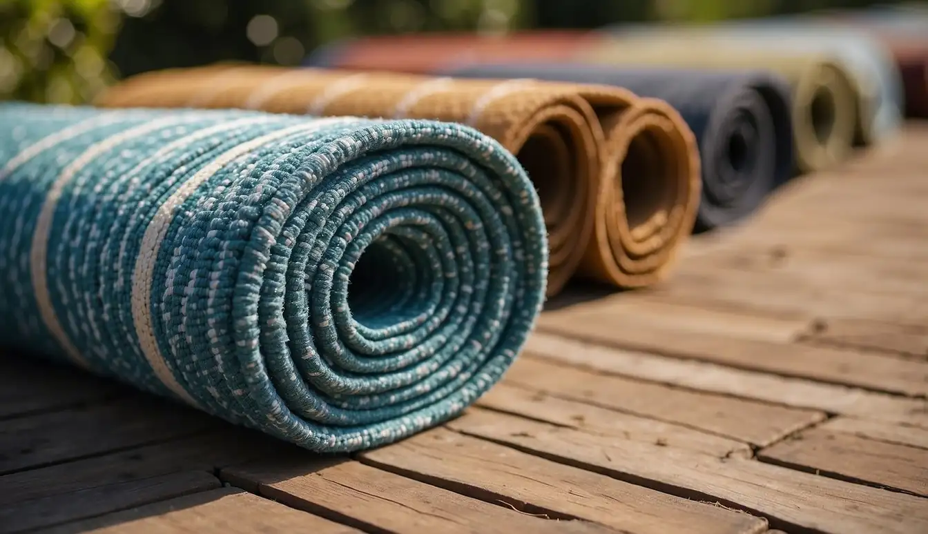 Outdoor rugs rolled and wrapped in waterproof material, stored in a dry, well-ventilated area away from direct sunlight and moisture