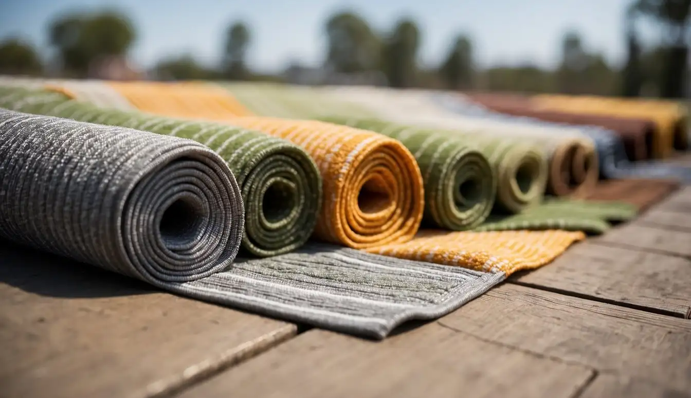 Outdoor area rugs are neatly rolled and placed in a dry, well-ventilated storage area. Airtight plastic covers protect them from moisture and dust