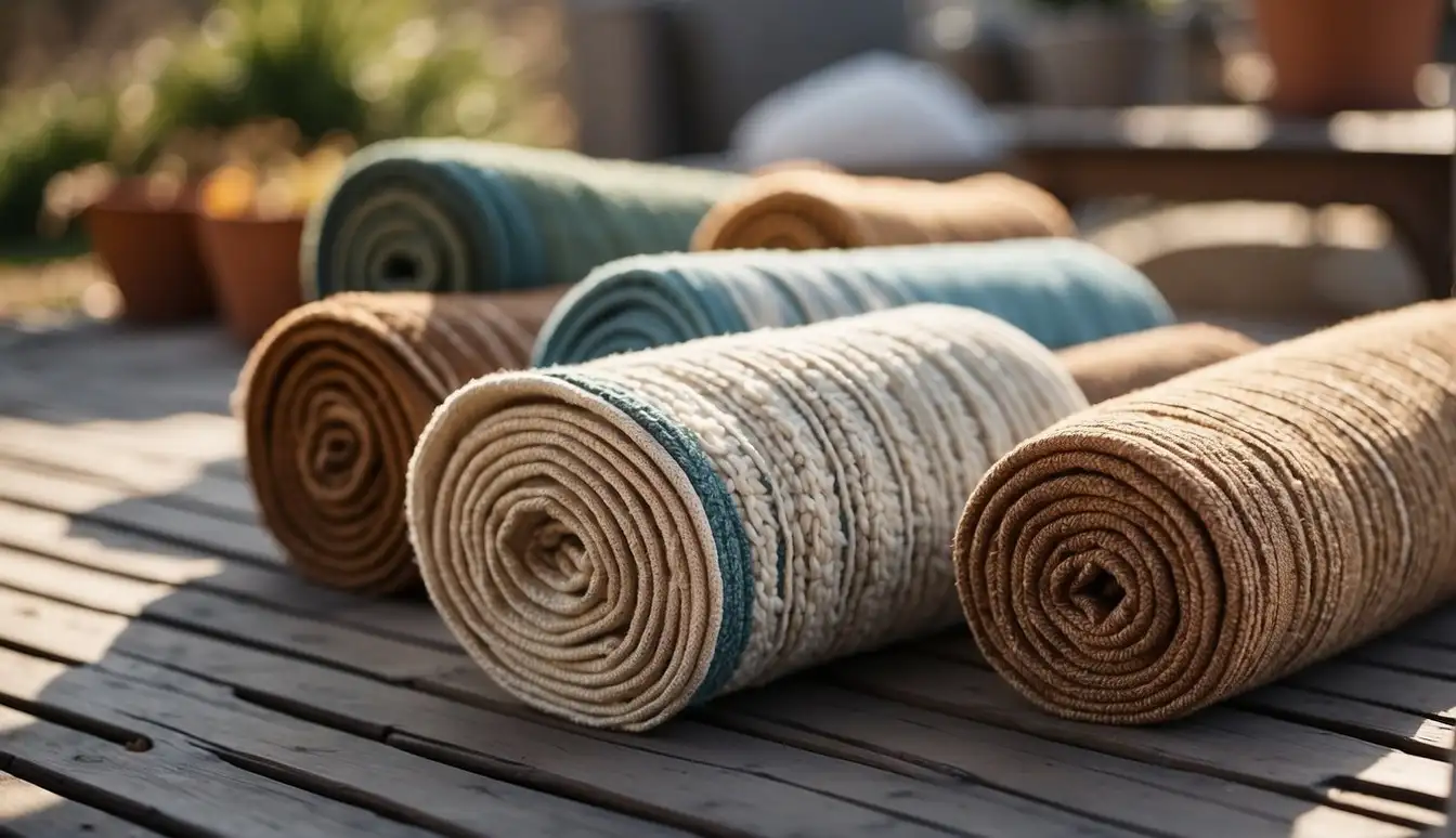 A sunny, warm climate with a variety of outdoor area rugs spread out on a patio. A snow-covered landscape with neatly rolled up outdoor area rugs stored away for the winter