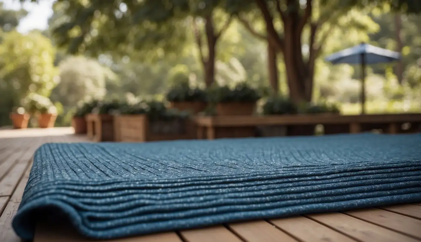 Outdoor area rugs neatly rolled and covered with a waterproof tarp, placed in a dry and well-ventilated storage area, away from direct sunlight and moisture