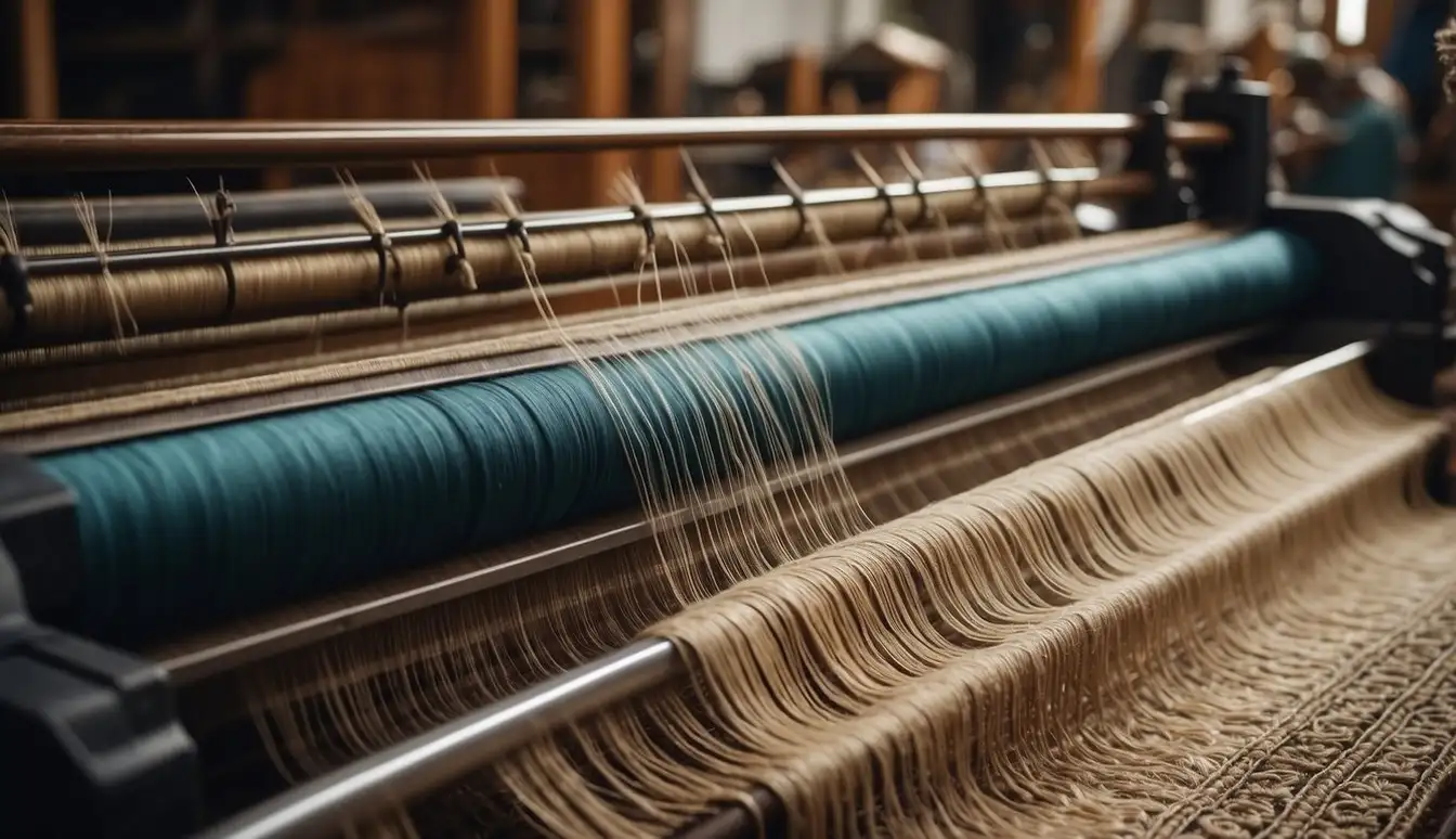 A vintage loom weaves intricate patterns while a modern machine churns out identical designs. The contrast between traditional craftsmanship and mass production is evident in the array of area rugs