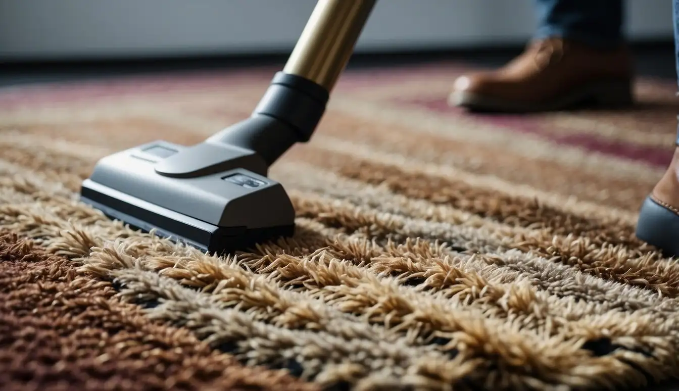 A machine-made rug is being cleaned with a vacuum, while a handmade rug is being gently brushed with a soft bristle brush. Both rugs are being tested for durability and maintenance