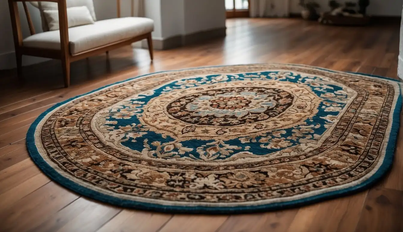A machine-made area rug and a handmade area rug are placed side by side on a clean, hardwood floor. The machine-made rug has a uniform and consistent pattern, while the handmade rug displays intricate and unique details. A small sign next to the rugs