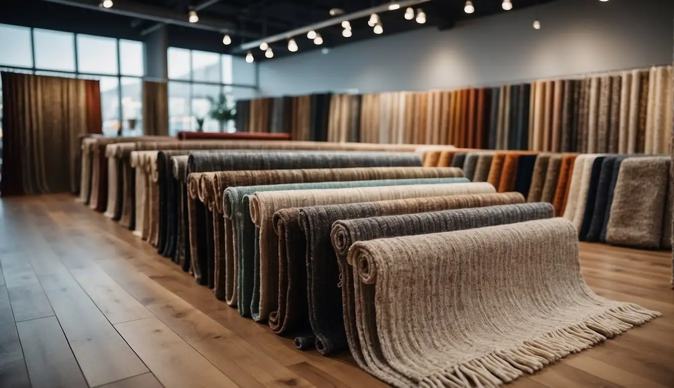 A showroom with rows of machine-made and handmade area rugs, with tags displaying prices and specifications. Customers comparing textures and patterns