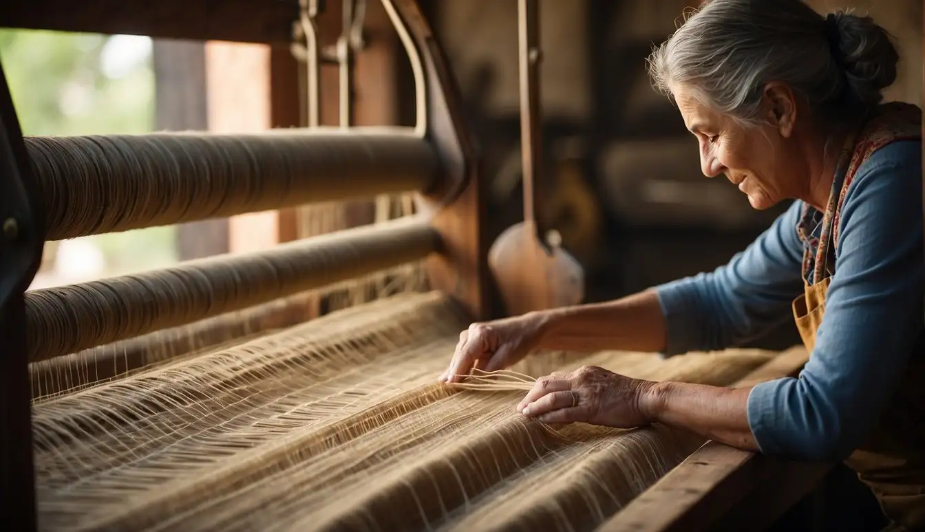 A skilled artisan weaves intricate patterns onto a large loom, creating a handmade rug. Nearby, a machine churns out identical, mass-produced rugs