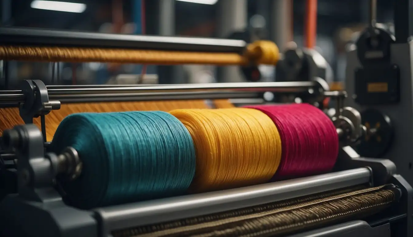 A large industrial loom weaving colorful synthetic fibers into a precise pattern for a machine-made rug, contrasting with a smaller, intricate hand-knotted rug nearby