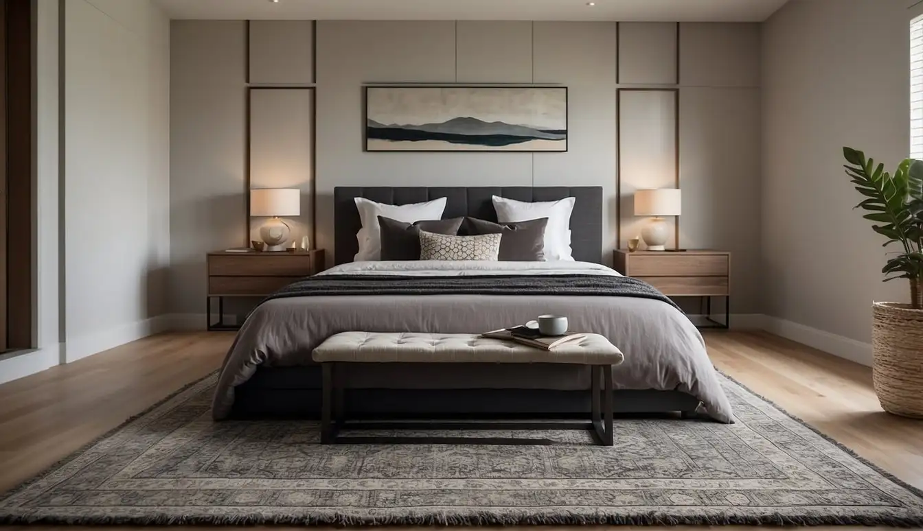 A bedroom with a large area rug positioned under the bed, with smaller rugs placed on either side, creating a cohesive and balanced design