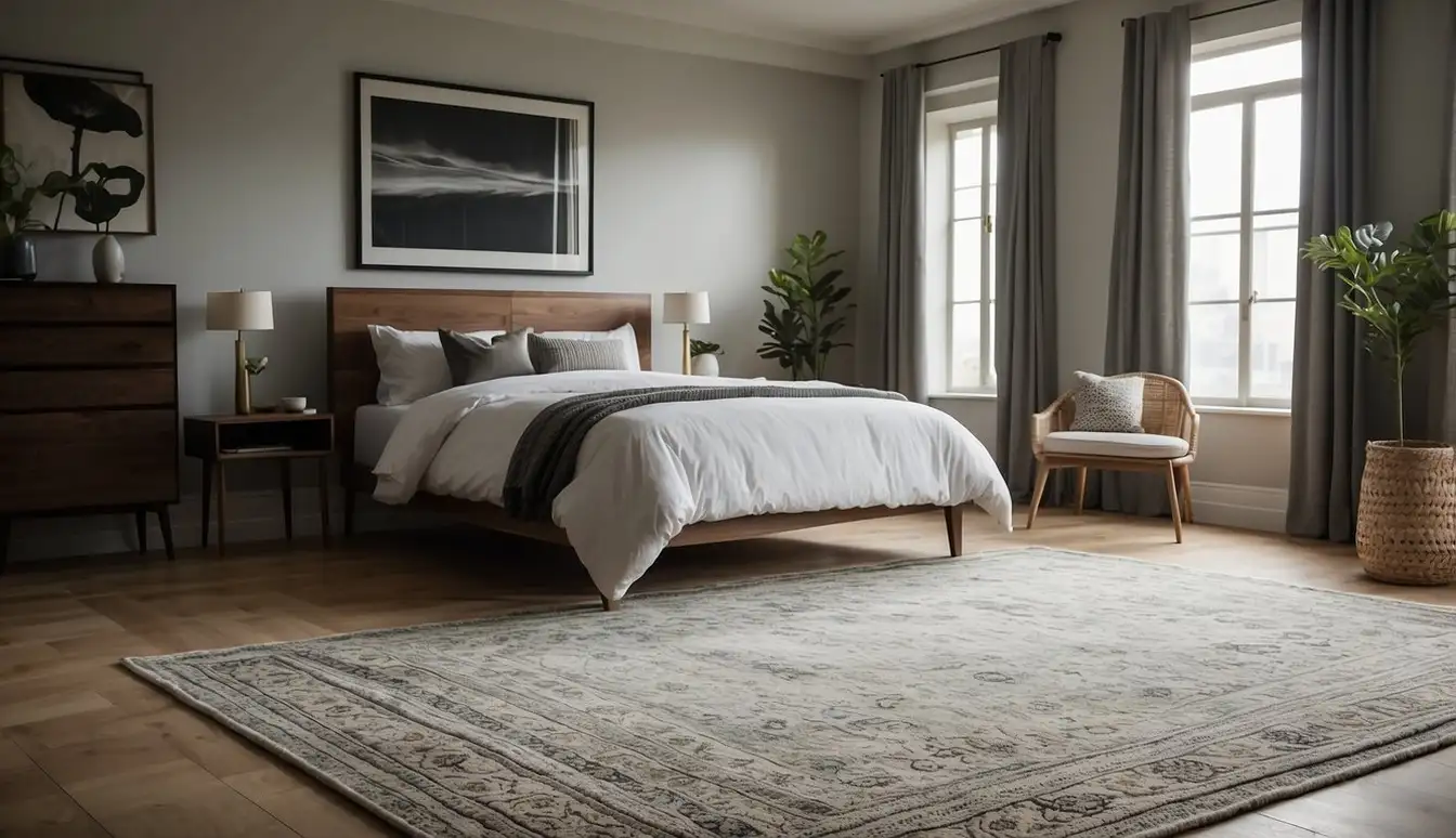 A bedroom with a large area rug placed under the bed, extending out to cover the entire floor space. The rug is positioned to create a cohesive and balanced design within the room