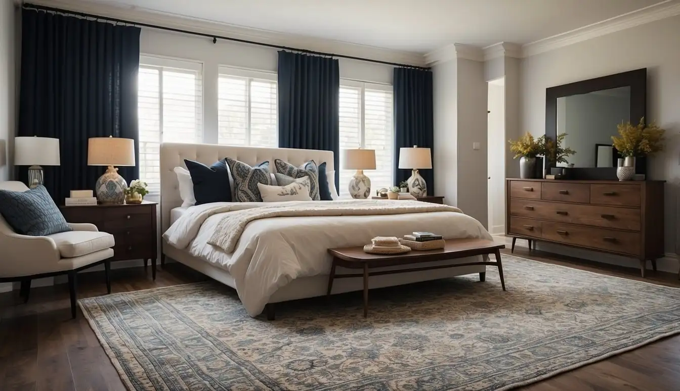 A bedroom with a large area rug positioned under the bed, with smaller accent rugs placed on either side. The colors and patterns of the rugs complement the overall bedroom design