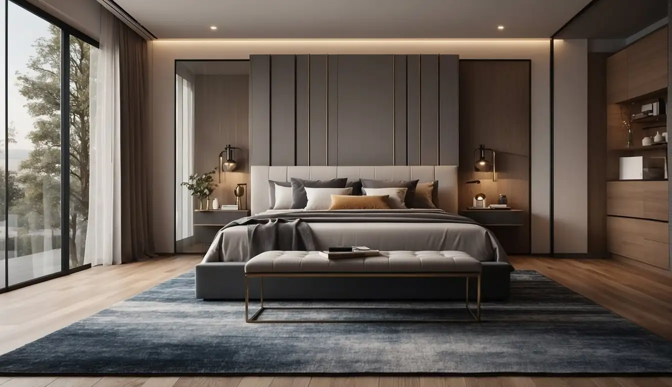 A bedroom with a large area rug positioned under the bed, with smaller rugs placed on either side, creating a cohesive and stylish design