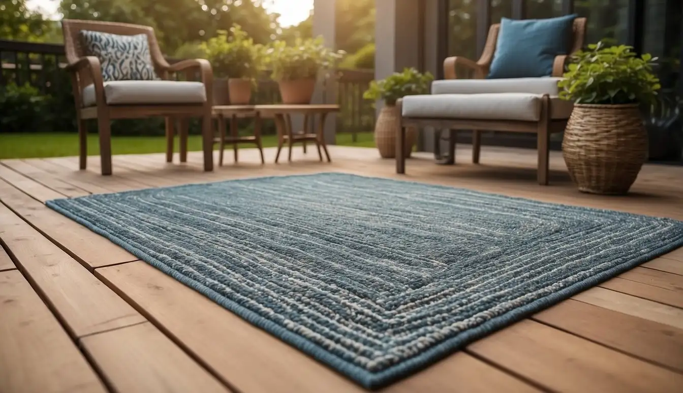 An outdoor area rug made of durable materials, such as polypropylene or synthetic fibers, laid out on a patio or deck with stylish patterns and designs