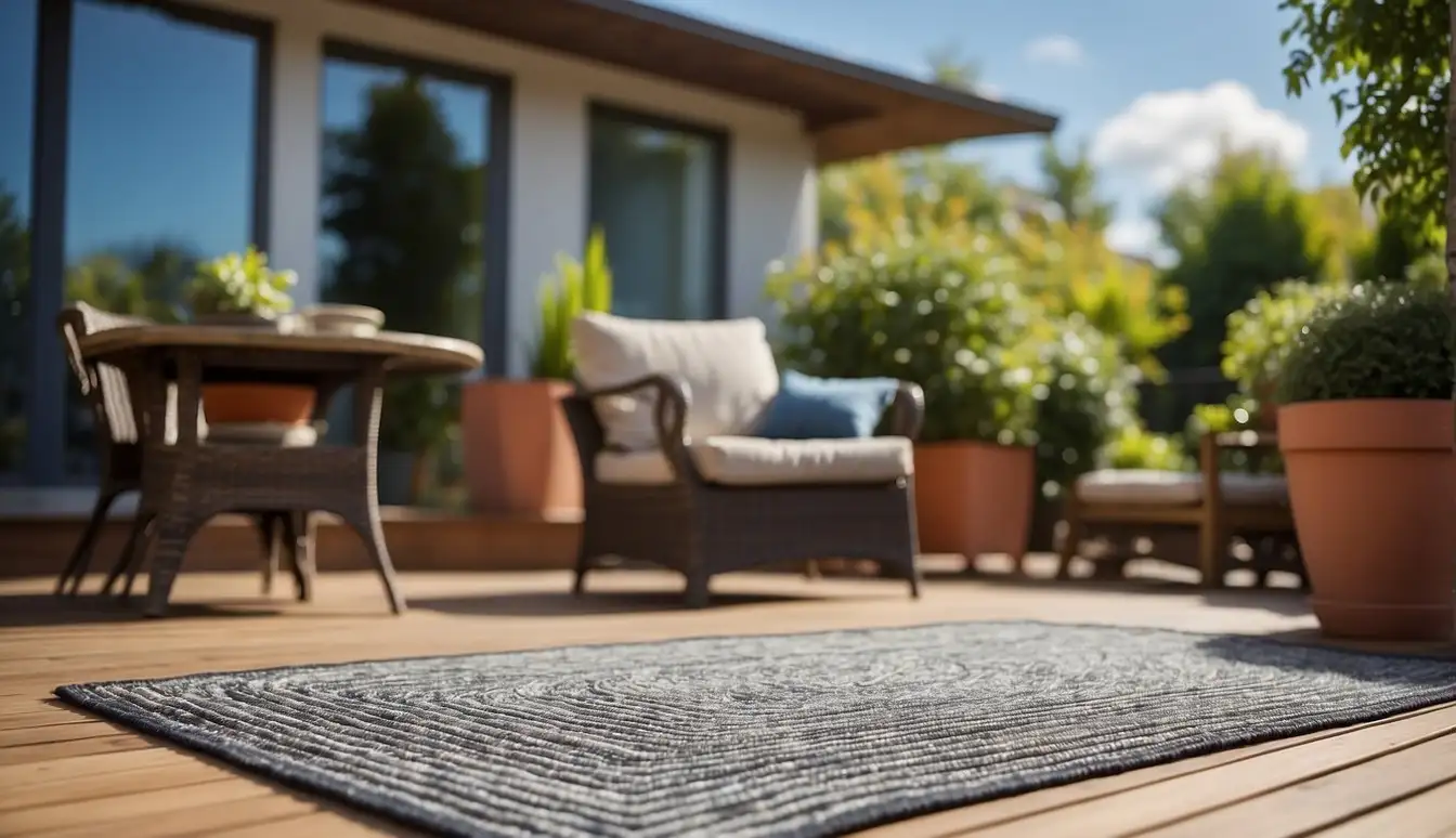 An outdoor rug laid on a patio, made of durable materials like polypropylene or synthetic fibers, with a weather-resistant design