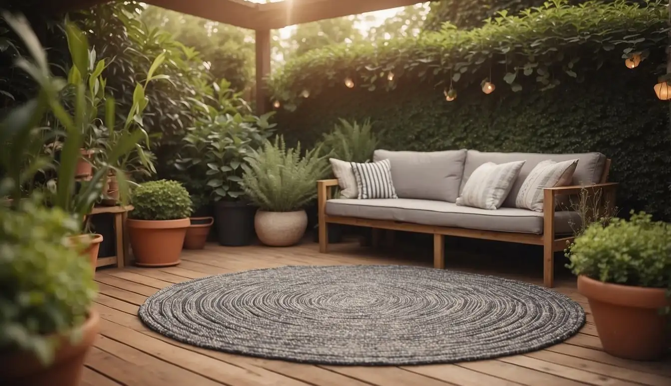 A patio with a large outdoor rug made of woven synthetic fibers, surrounded by potted plants and wooden deck furniture