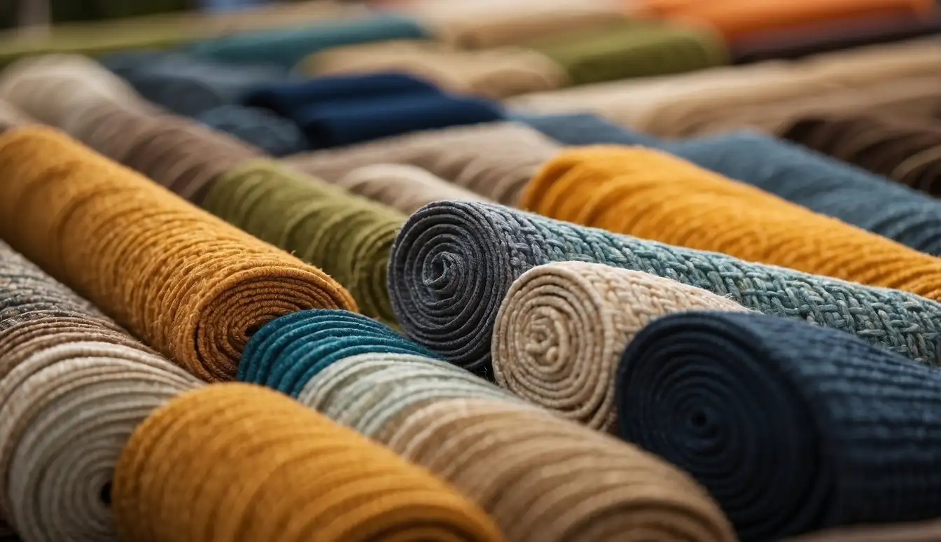 Various outdoor area rug materials displayed with price tags. Options include synthetic fibers, natural grasses, and recycled plastics