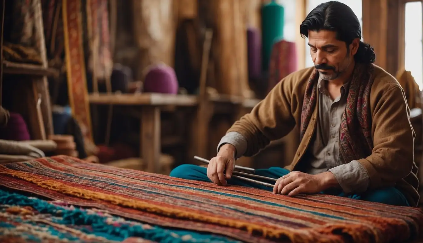 A Persian rug weaver sits in a traditional workshop, surrounded by vibrant dyes and intricate patterns. Across the room, an Oriental rug loom hums with activity, as skilled artisans work on creating their own unique designs