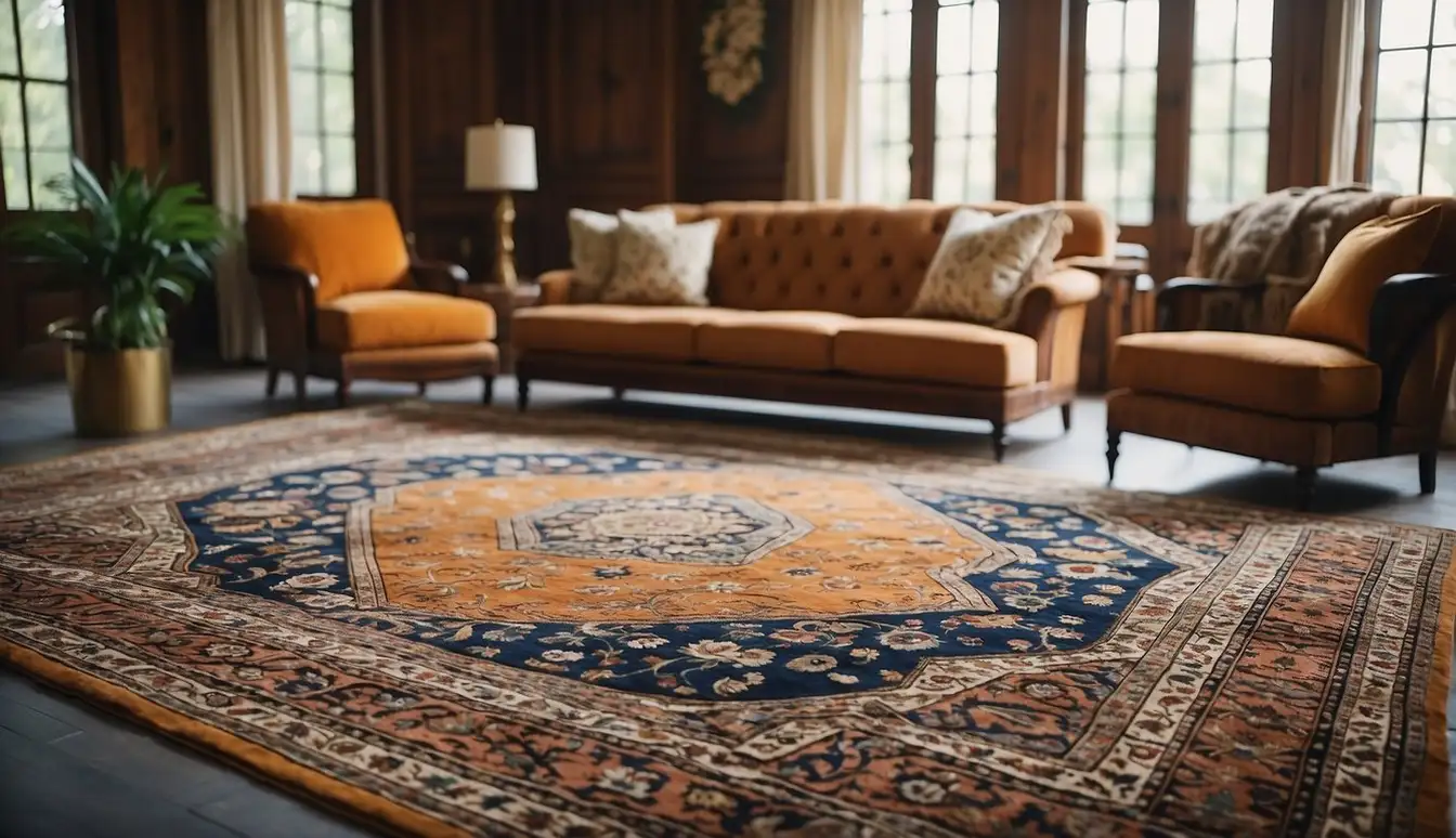 A room with a large Persian rug featuring intricate floral and geometric patterns, surrounded by smaller Oriental rugs with elaborate motifs and vibrant colors