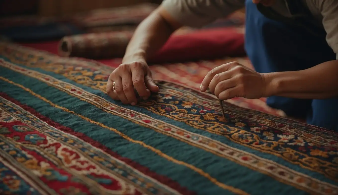 A skilled artisan weaves intricate patterns onto a Persian rug, while another uses traditional techniques to create an Oriental rug. The craftsmanship and attention to detail are evident in the intricate designs and vibrant colors of both rugs