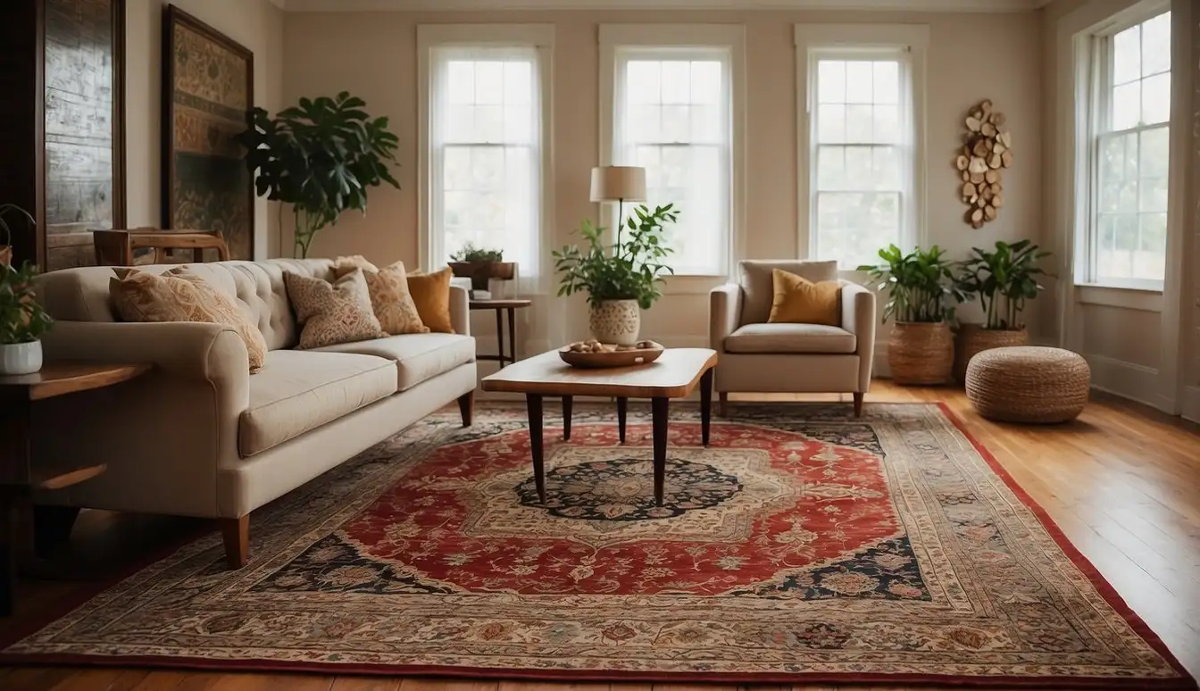 A room with two distinct area rugs: a Persian rug featuring intricate floral patterns and a rich color palette, and an Oriental rug with geometric designs and a more subdued color scheme