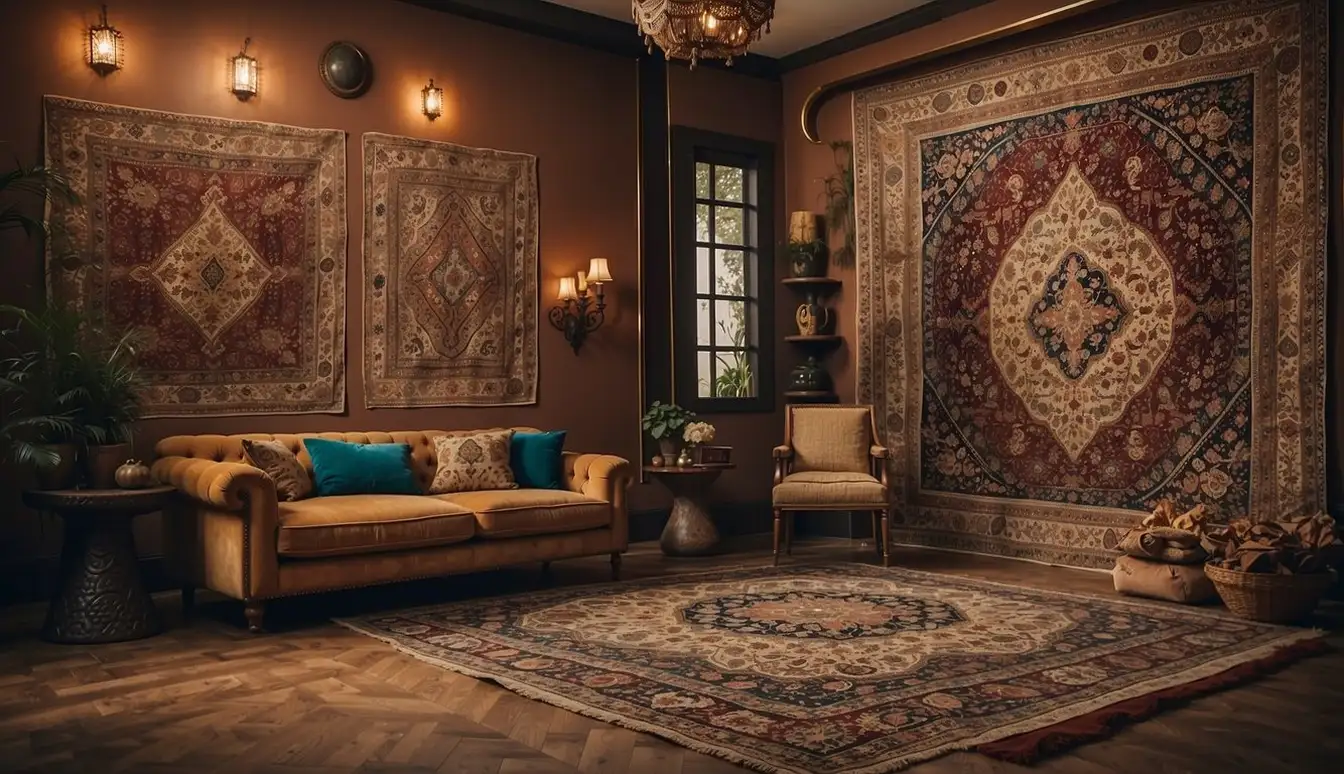 A room with two distinct rugs: one Persian, with intricate floral patterns and rich colors; the other Oriental, featuring geometric designs and a more muted color palette