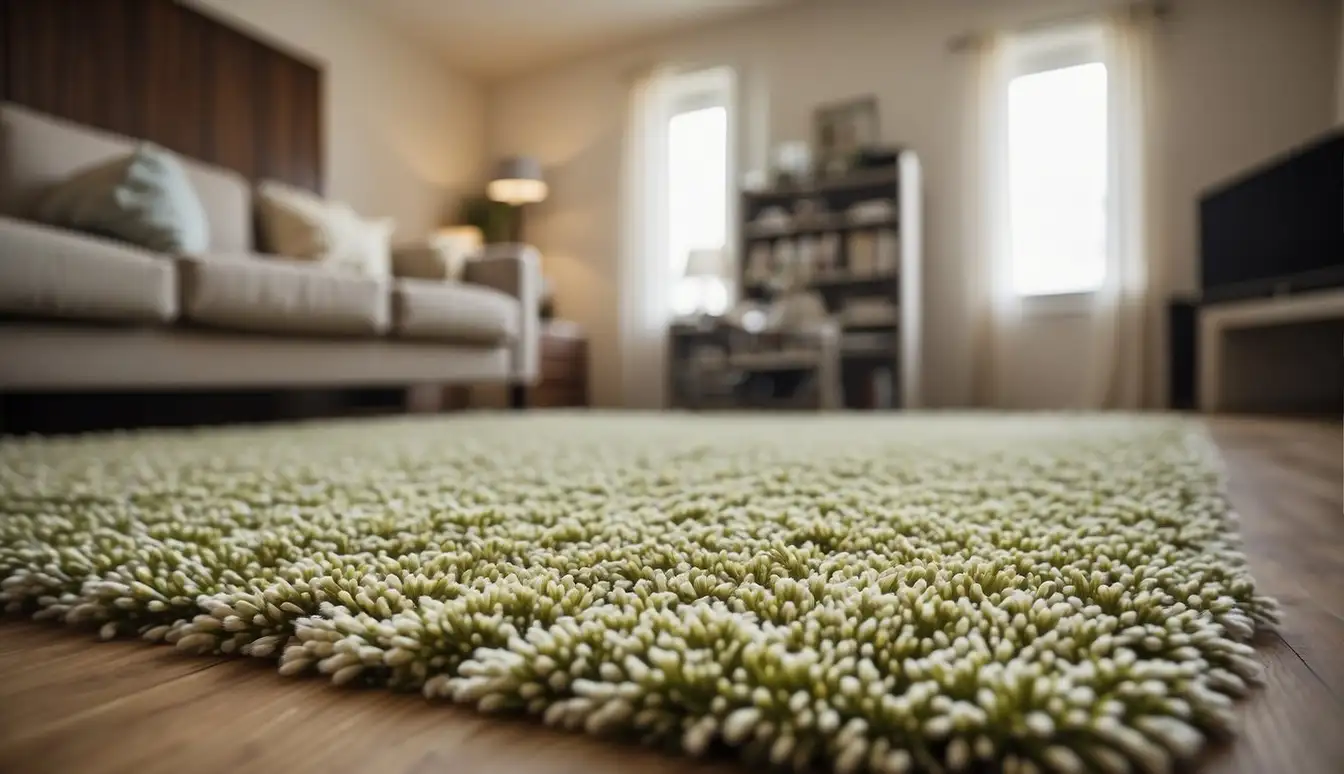 A room with synthetic rugs, no humans. Pollen, pet dander, and dust are shown as triggers for allergies. Allergens are labeled and avoided