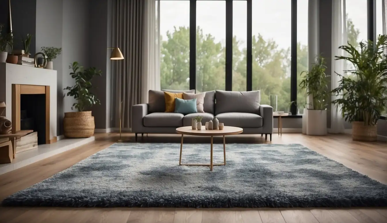 A clean, modern living room with a synthetic rug, free of dust and allergens. A person with allergies comfortably relaxes on the rug