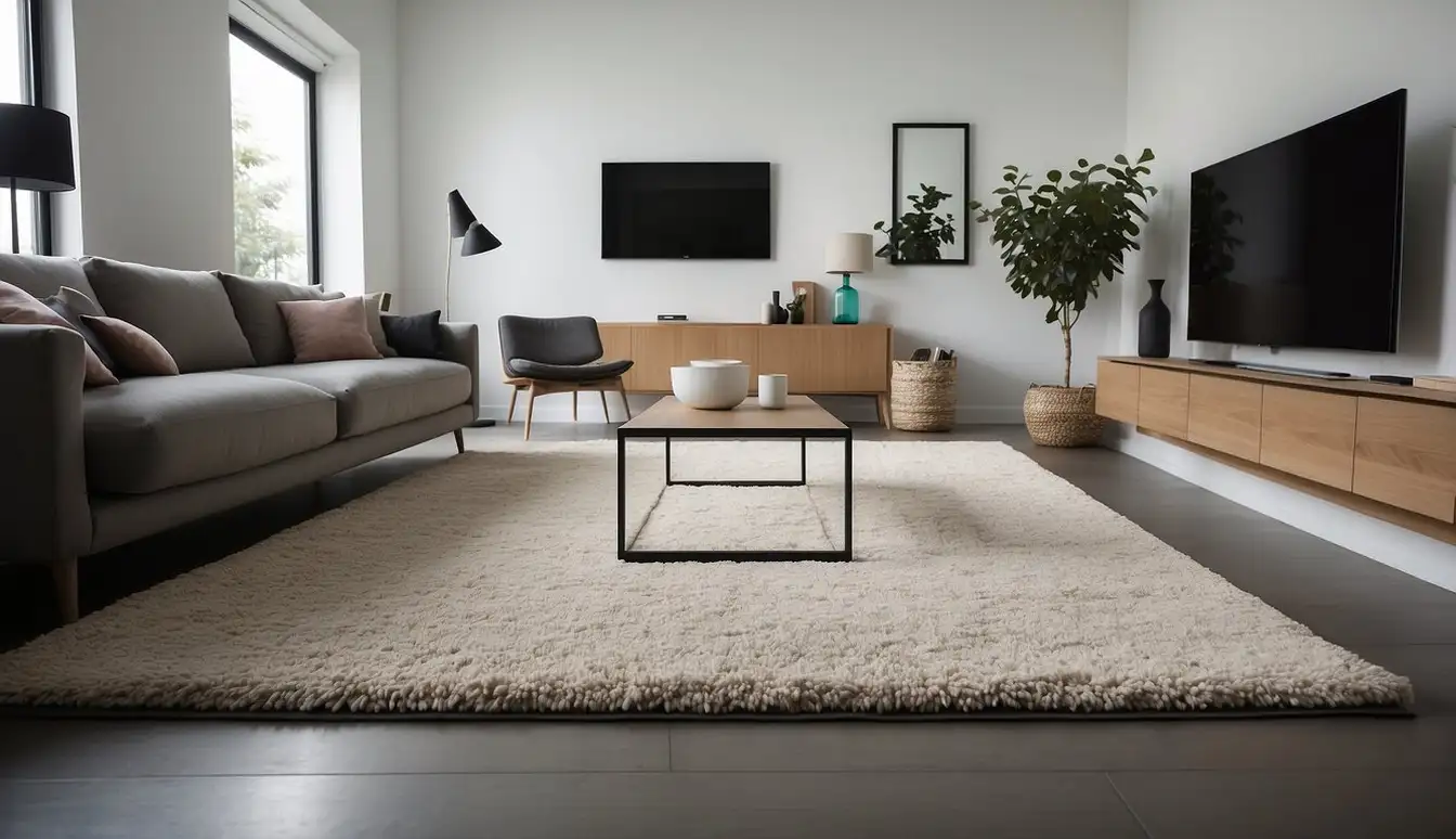 A modern living room with synthetic rugs, showcasing clean lines and minimalistic design. Allergy sufferers benefit from the hypoallergenic properties of the rugs