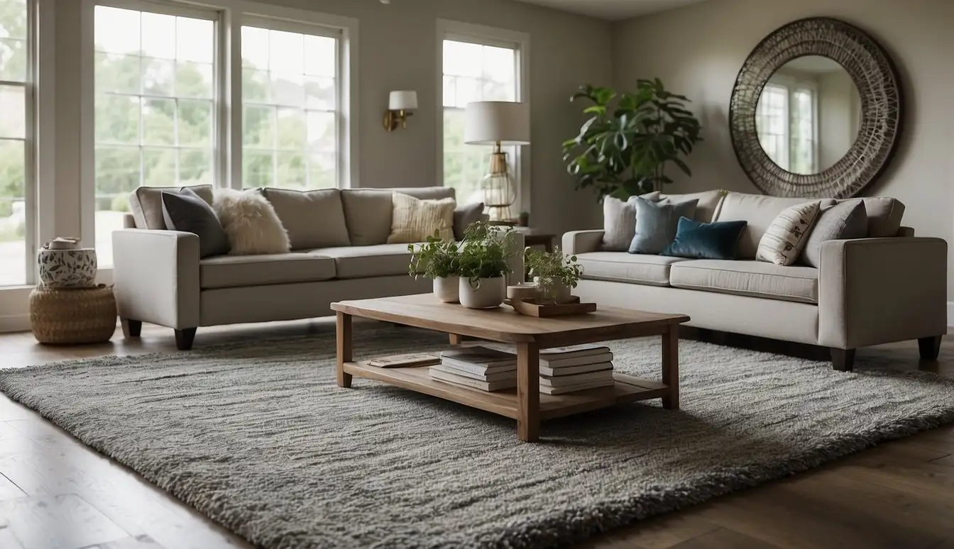 A living room with synthetic rugs, no visible dust, and hypoallergenic furniture. Windows are closed, and air purifiers are running