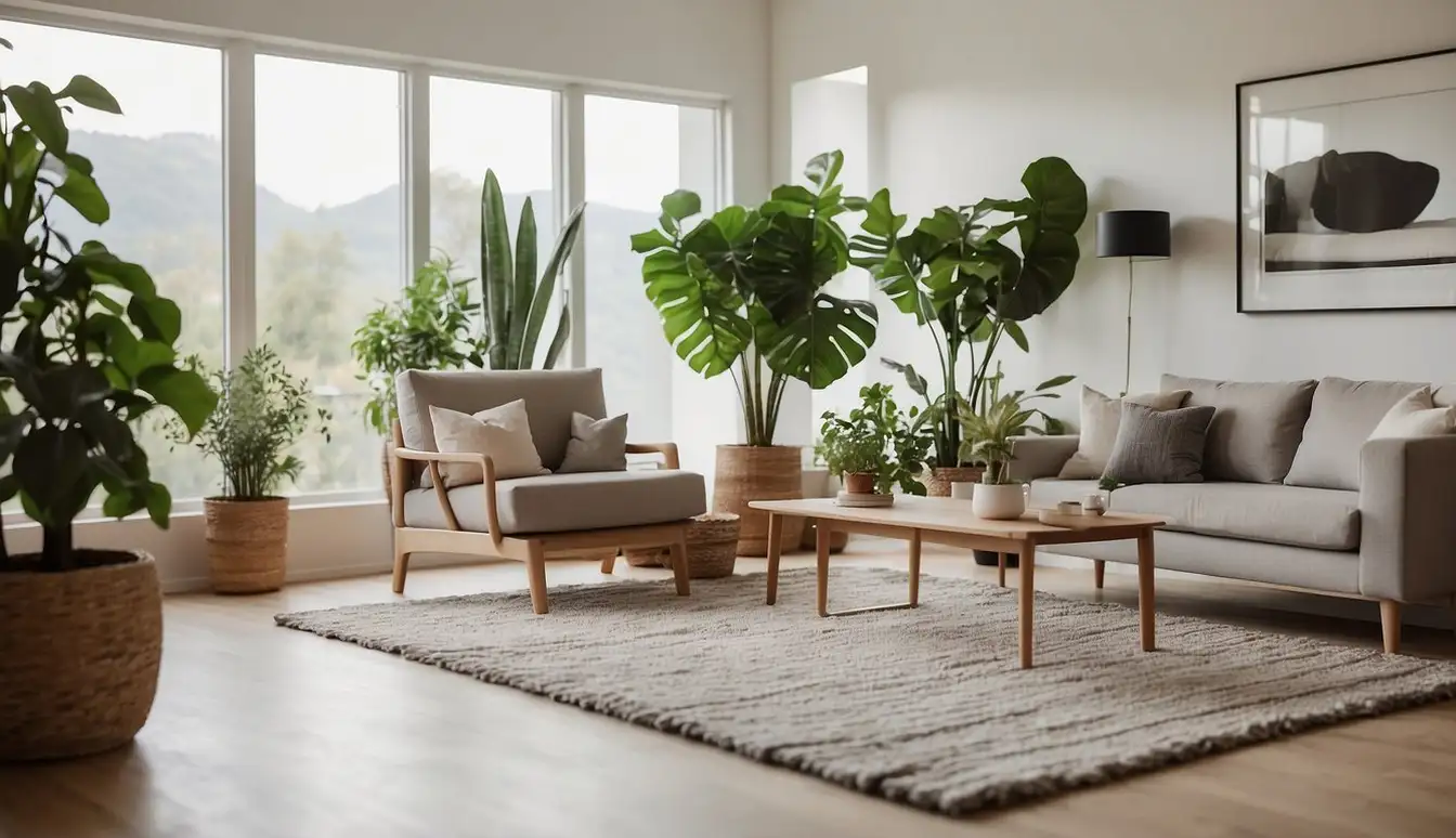 A serene living room with a modern synthetic rug, surrounded by allergy-friendly furniture and plants. A person with allergies is shown enjoying the space, free from discomfort