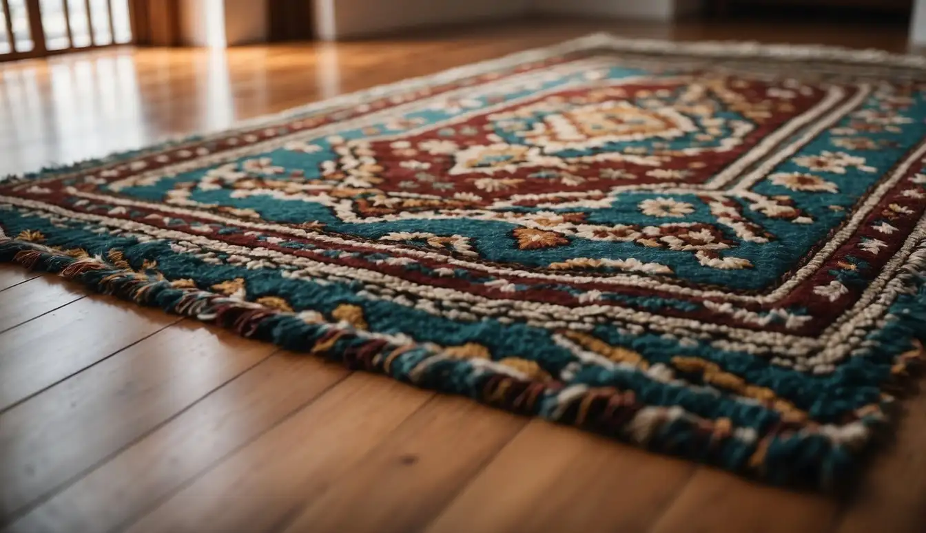 A wool area rug lies flat on a hardwood floor, featuring intricate patterns and rich colors. The edges are neatly bound, and the pile is dense and plush to the touch