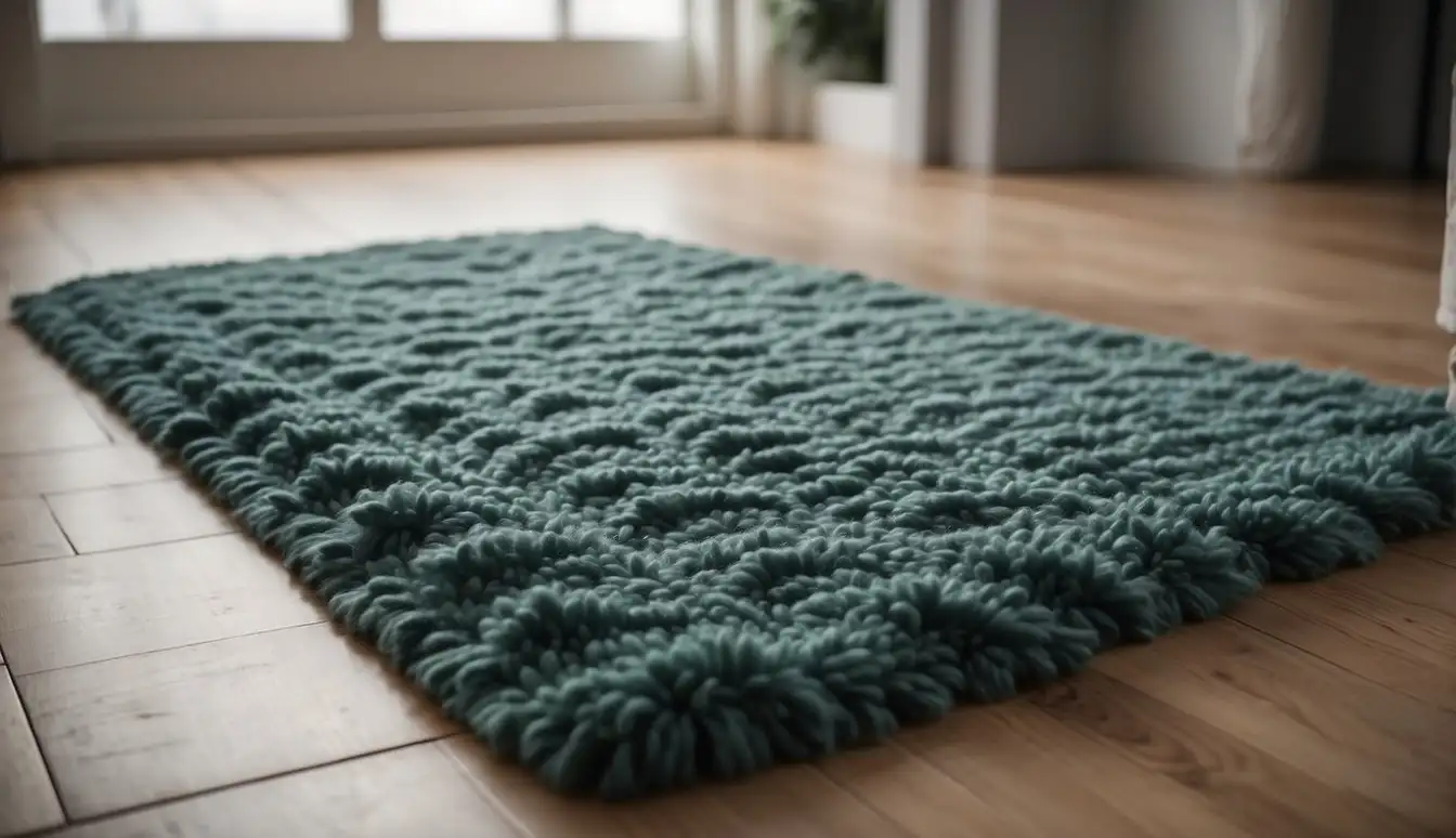 A wool area rug laid out on a clean, well-lit floor. The rug is free of stains or damage, with a soft, plush texture and vibrant, natural colors