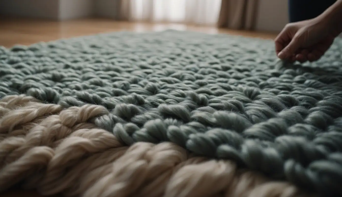 A wool area rug is being inspected for quality, with close attention to texture, thickness, and color variations. A hand runs over the surface, feeling for softness and consistency