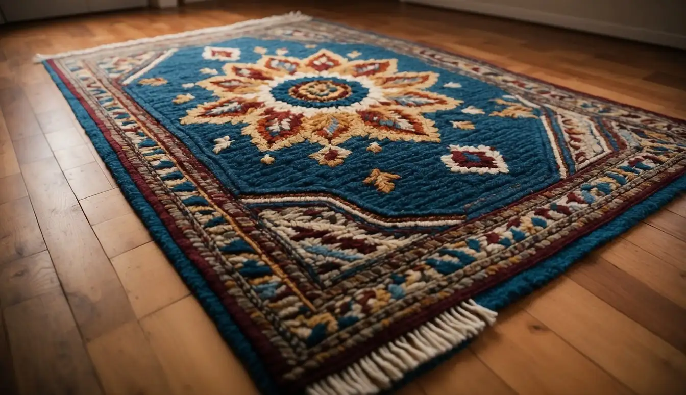 A wool area rug lies flat on a hardwood floor, with intricate patterns and vibrant colors. The texture appears dense and plush, with no signs of shedding or fraying