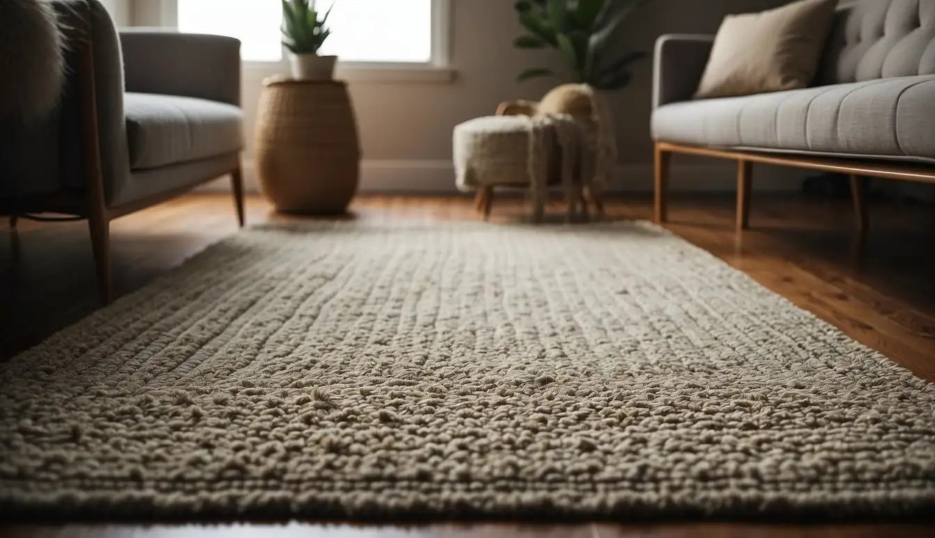 A wool area rug laid out with visible texture and intricate patterns, surrounded by various objects like furniture and decor to indicate its value and pricing factors