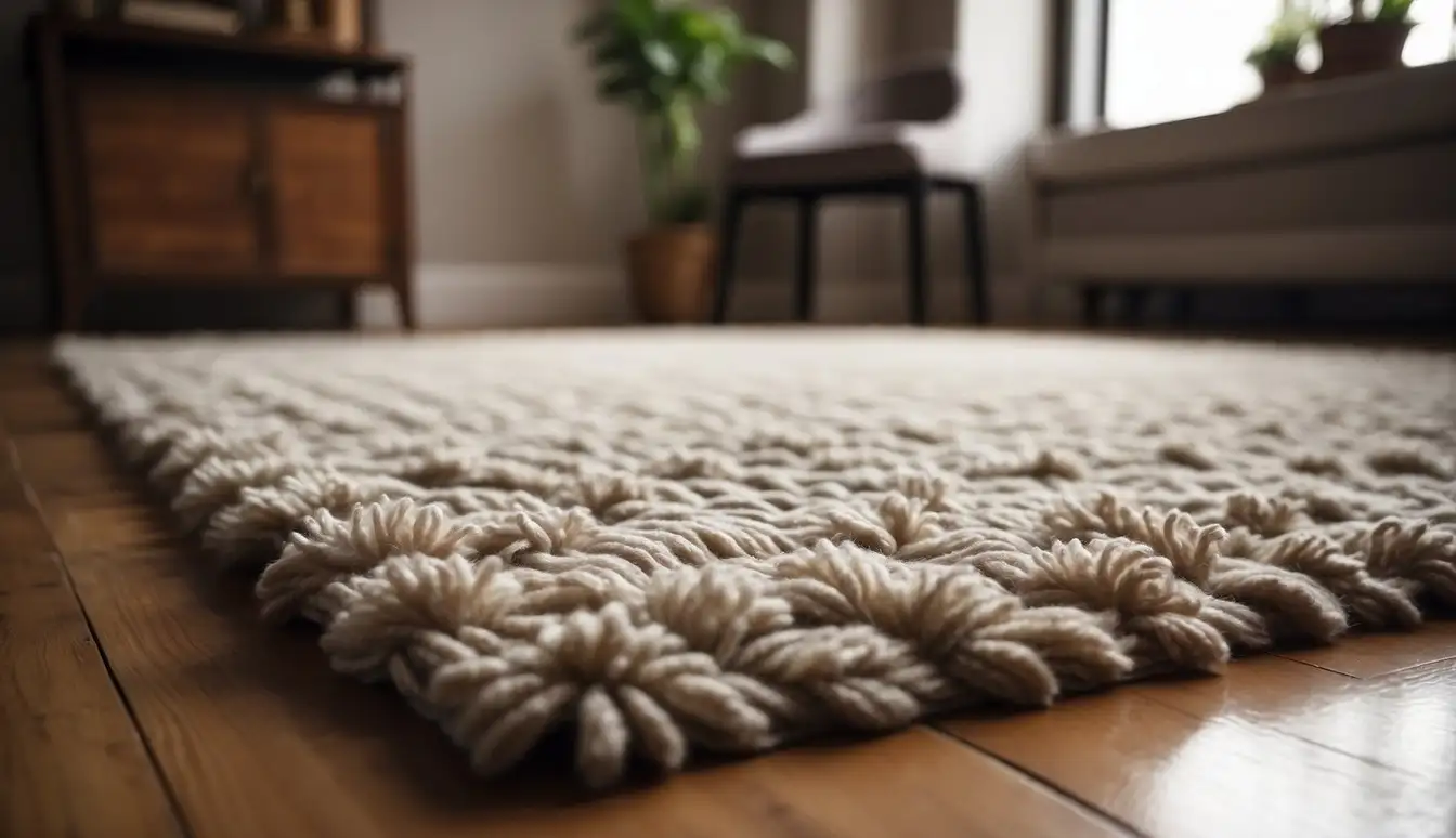 A wool area rug is laid out on a clean, hardwood floor. The rug is thick and plush, with intricate patterns and vibrant colors. It looks luxurious and well-crafted