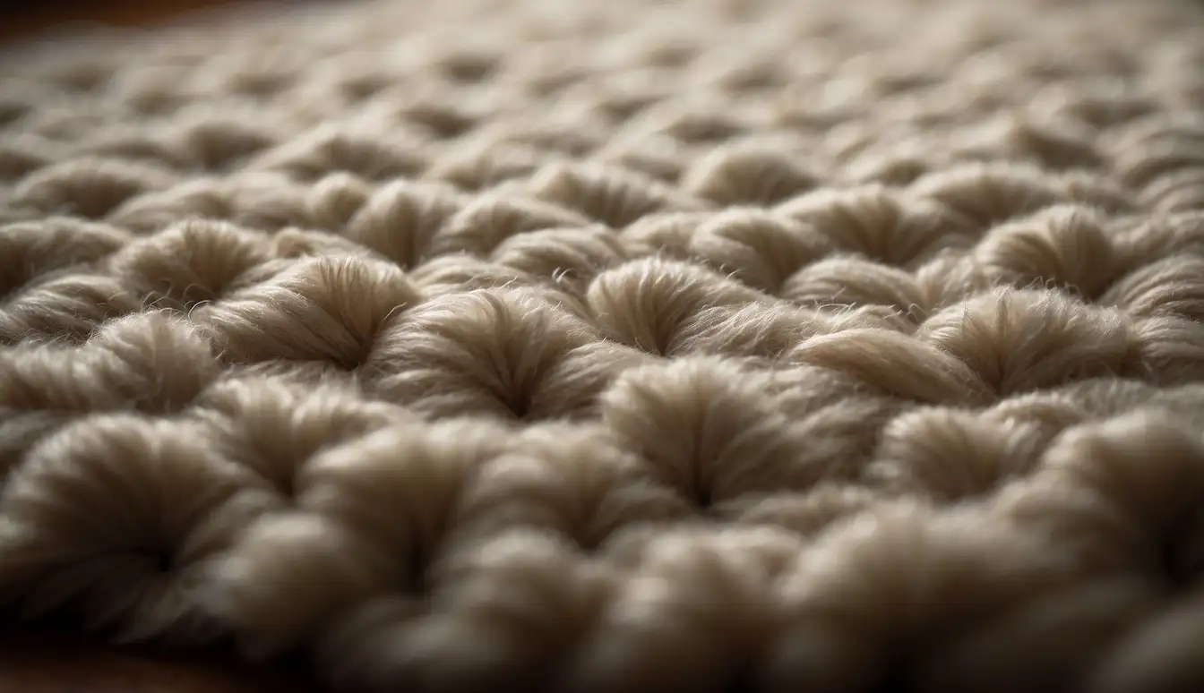 A close-up of a wool area rug with clear, intricate stitching and dense, plush fibers. Light reflects off the surface, highlighting the rug's high-quality craftsmanship
